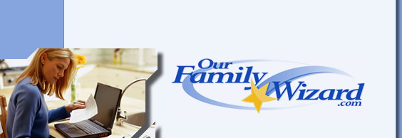 Mom and kids at keyboard with OurFamilyWizard.com logo